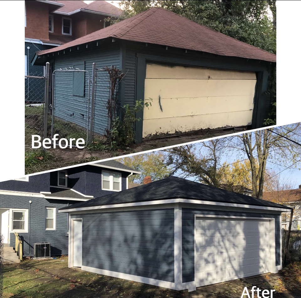 Indianapolis detached garage rebuilt with new roof, gray siding, white trim, and new garage door